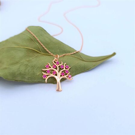YAKUT TAŞLI ROSE GOLD HAYAT AĞACI GÜMÜŞ KOLYE