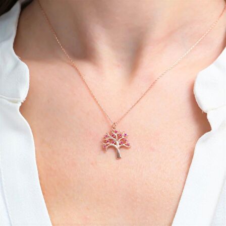 YAKUT TAŞLI ROSE GOLD HAYAT AĞACI GÜMÜŞ KOLYE