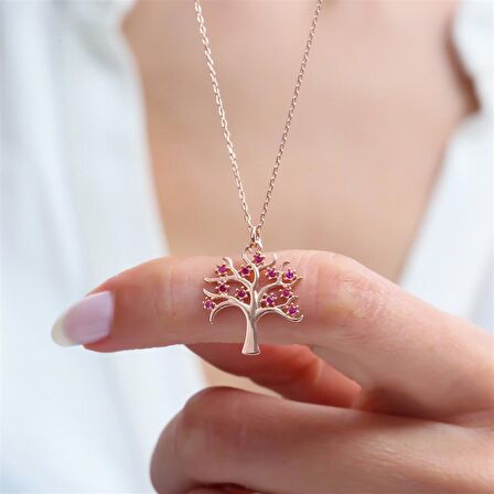 YAKUT TAŞLI ROSE GOLD HAYAT AĞACI GÜMÜŞ KOLYE