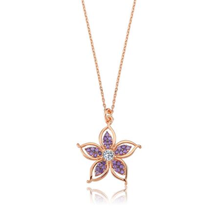 AMATİST FLOWERS ROSE RENK GÜMÜŞ KOLYE