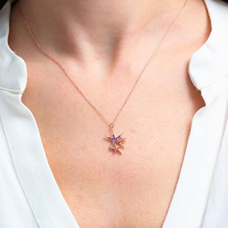 AMETİST TAŞLI ROSE RENK DENİZ YILDIZI GÜMÜŞ KOLYE
