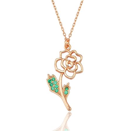 ZÜMRÜT KIRINTI TAŞLI ROSE RENK GÜL GÜMÜŞ KOLYE