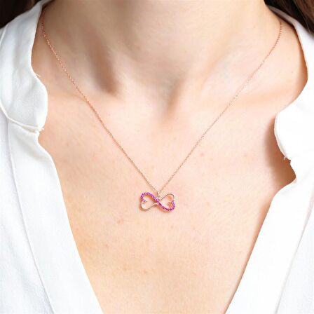 FUŞYA TAŞLI ROSE RENK SARMAŞIK SONSUZLUK GÜMÜŞ KOLYE