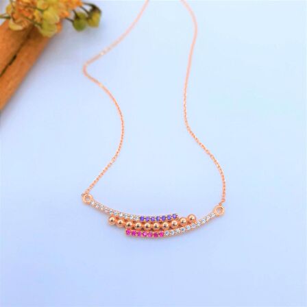 MİX TAŞLI ROSE RENK SEVGİ YOLU GÜMÜŞ KOLYE