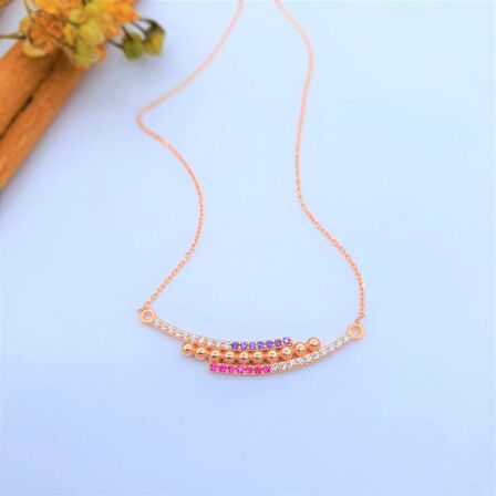 MİX TAŞLI ROSE RENK SEVGİ YOLU GÜMÜŞ KOLYE