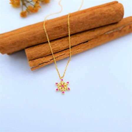 FUŞYA TAŞLI GOLD RENK KAR TANESİ GÜMÜŞ KOLYE