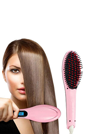 Elektrikli Saç Düzleştirici Tarak Fast Hair Straightener Pratik Pembe Saç Kurutma Tarağı