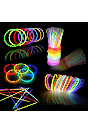 Glow 100 adet (100çubuk+100bağlantı aparat)Fosforlu Neon Karanlıkta Parlayan Çubuklar Bileklik Kolye Yapma seti