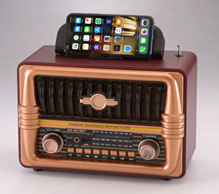 NS-8079 Büyük Boy Telefon Tutma Aparatlı Retro Ahşap Tasarım Bluetooth Hoparlörlü Radyo Fm/am