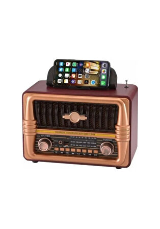NS-8079 Büyük Boy Telefon Tutma Aparatlı Retro Ahşap Tasarım Bluetooth Hoparlörlü Radyo Fm/am