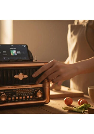NS-8079 Büyük Boy Telefon Tutma Aparatlı Retro Ahşap Tasarım Bluetooth Hoparlörlü Radyo Fm/am