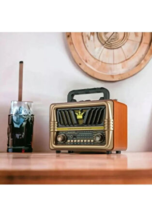 NS-8077 Büyük Boy Telefon Tutma Aparatlı Retro Ahşap Tasarım Bluetooth Hoparlörlü Radyo Fm/am