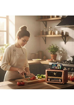 NS-8077 Büyük Boy Telefon Tutma Aparatlı Retro Ahşap Tasarım Bluetooth Hoparlörlü Radyo Fm/am