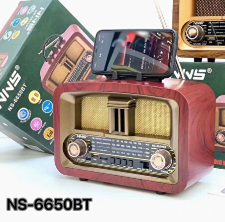 NS-6650 Büyük Boy Telefon Tutma Aparatlı Retro Ahşap Tasarım Bluetooth Hoparlörlü Radyo Fm/am
