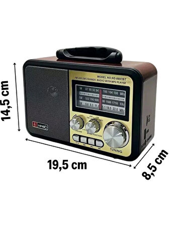 NS-8897 Orta Boy Retro, Nostaljik, Ahşap Tasarım Bluetooth Hoparlörlü, Şarjlı, Taşınabilir Fm/am Destekli Radyo