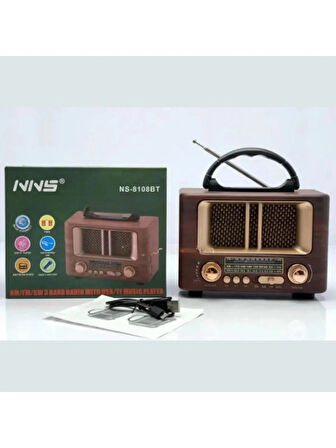 NS-8108  Retro Ahşap Tasarım Bluetooth Hoparlörlü Radyo – Fm/am Destekli, Şarjlı ve Taşınabilir Radyo 