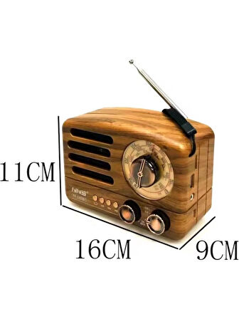 NS-3380 Küçük Boy Retro, Nostaljik, Ahşap Tasarım Bluetooth Hoparlörlü, Şarjlı, Taşınabilir Büyük Döndürülebilen Düğmeli Fm/am