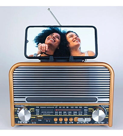 NS-6678 Retro, Nostaljik, Ahşap LED Işıklı Müzik Seti FM Radyo USB MP3 Player Bluetooth Hoparlör Tasarım