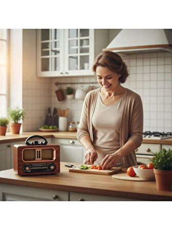 NS-6635  Büyük Boy Retro, Nostaljik, Ahşap Tasarım Bluetooth Hoparlörlü, Şarjlı, Taşınabilir Fm/am Destekli Radyo 