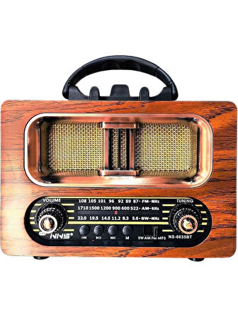 NS-6635  Büyük Boy Retro, Nostaljik, Ahşap Tasarım Bluetooth Hoparlörlü, Şarjlı, Taşınabilir Fm/am Destekli Radyo 