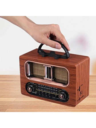 NS-6635  Büyük Boy Retro, Nostaljik, Ahşap Tasarım Bluetooth Hoparlörlü, Şarjlı, Taşınabilir Fm/am Destekli Radyo 