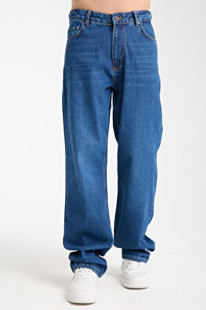 %100 Pamuk, Yüksek Bel, Geniş Paça, Taşlamalı Erkek Kot Pantolon