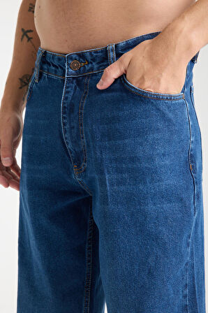 %100 Pamuk, Yüksek Bel, Geniş Paça, Taşlamalı Erkek Kot Pantolon