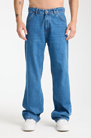 %100 Pamuk Yüksek Bel, Geniş Paça, Taşlamalı Erkek Kot Pantolon