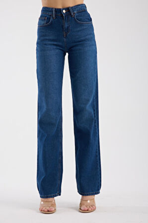%100 Pamuk Yüksek Bel Bol Paça Rahat Denim Pantolon