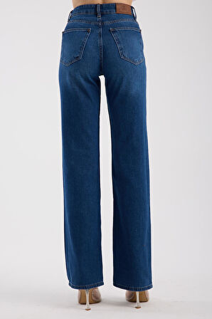 %100 Pamuk Yüksek Bel Bol Paça Rahat Denim Pantolon