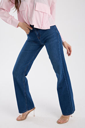 %100 Pamuk Yüksek Bel Bol Paça Rahat Denim Pantolon