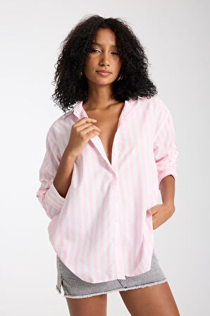 %100 Pamuk Çizgili Gömlek - Rahat Bol Kesim Uzun Kollu Yazlık Şık