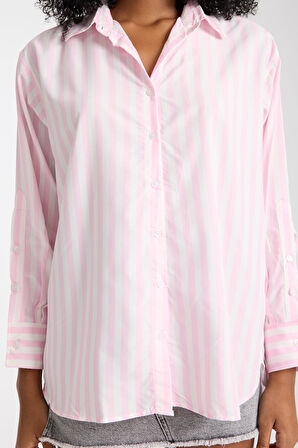 %100 Pamuk Çizgili Gömlek - Rahat Bol Kesim Uzun Kollu Yazlık Şık