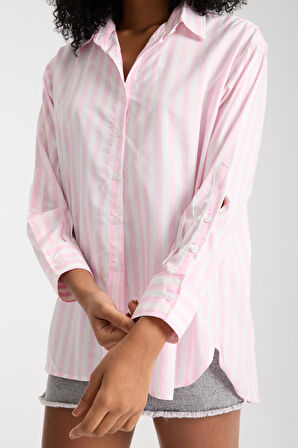 %100 Pamuk Çizgili Gömlek - Rahat Bol Kesim Uzun Kollu Yazlık Şık