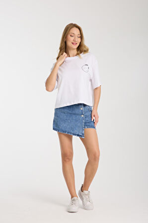 %100 Pamuk Yüksek Bel Düğmeli Şort Etek