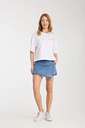 %100 Pamuk Yüksek Bel Düğmeli Şort Etek