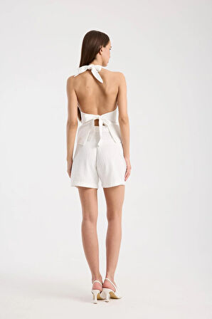 %100 Pamuk Beyaz Çizgili Şort Ve Yelek Takımı - Şık Ve Hafif