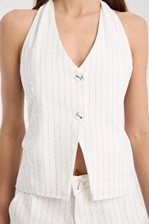 %100 Pamuk Beyaz Çizgili Şort Ve Yelek Takımı - Şık Ve Hafif