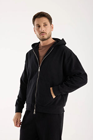%100 Pamuk Kapüşonlu Fermuarlı Erkek Sweatshirt