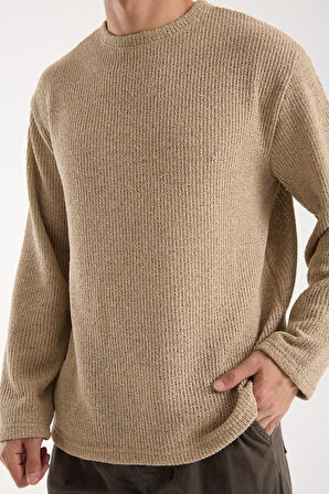 Bisiklet Yaka Oversize Lycralı Triko Görünümlü Sweatshirt