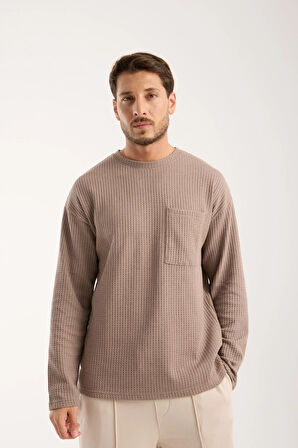 Basic Pamuklu Waffle Kumaş Erkek Sweatshirt – Rahat Kesim Düz Renk Uzun Kol Bisiklet Yaka 