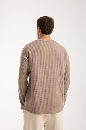 Basic Pamuklu Waffle Kumaş Erkek Sweatshirt – Rahat Kesim Düz Renk Uzun Kol Bisiklet Yaka 