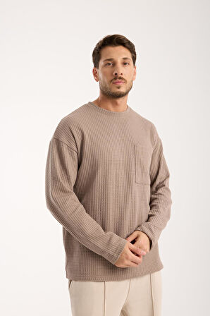 Basic Pamuklu Waffle Kumaş Erkek Sweatshirt – Rahat Kesim Düz Renk Uzun Kol Bisiklet Yaka 