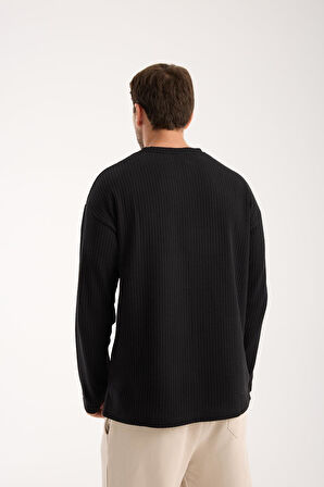 Basic Pamuklu Waffle Kumaş Erkek Sweatshirt – Rahat Kesim Düz Renk Uzun Kol Bisiklet Yaka 