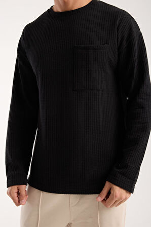 Basic Pamuklu Waffle Kumaş Erkek Sweatshirt – Rahat Kesim Düz Renk Uzun Kol Bisiklet Yaka 