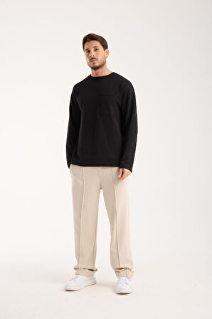 Basic Pamuklu Waffle Kumaş Erkek Sweatshirt – Rahat Kesim Düz Renk Uzun Kol Bisiklet Yaka 