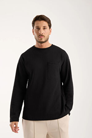 Basic Pamuklu Waffle Kumaş Erkek Sweatshirt – Rahat Kesim Düz Renk Uzun Kol Bisiklet Yaka 