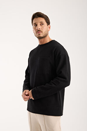 Basic Pamuklu Waffle Kumaş Erkek Sweatshirt – Rahat Kesim Düz Renk Uzun Kol Bisiklet Yaka 