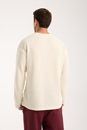 Basic Pamuklu Waffle Kumaş Erkek Sweatshirt – Rahat Kesim Düz Renk Uzun Kol Bisiklet Yaka 