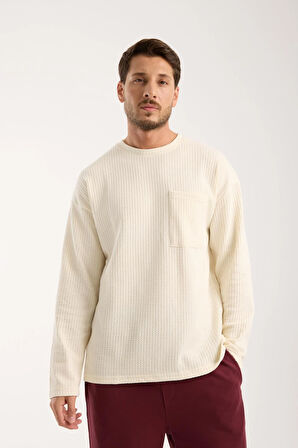 Basic Pamuklu Waffle Kumaş Erkek Sweatshirt – Rahat Kesim Düz Renk Uzun Kol Bisiklet Yaka 